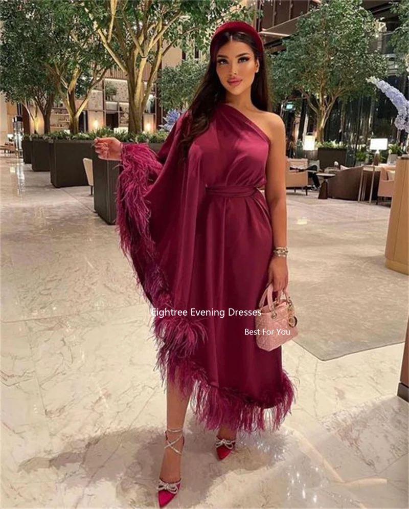 Eightreeg Fuchsia Saudi Arabia Evening Dresses Feathers Stain Formal Robes De Soirée Vestidos De Gala Custom Made Chic Plus Size