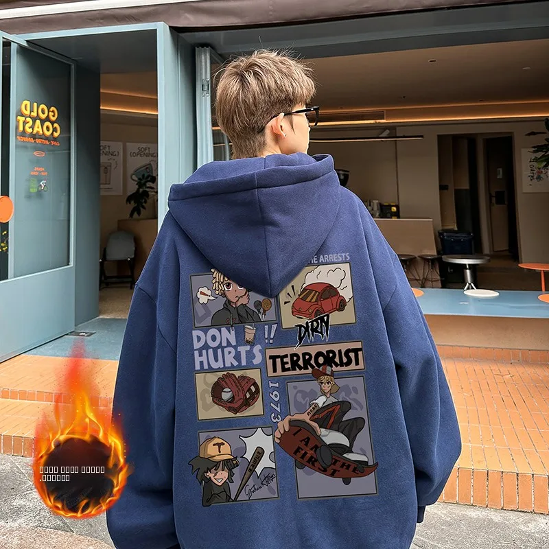 

Thiened Fce Hoodie Sweatirt for Teens American Retro Cartoon Print Casual Winter Jaet Youth Faion Loose Fit Sle