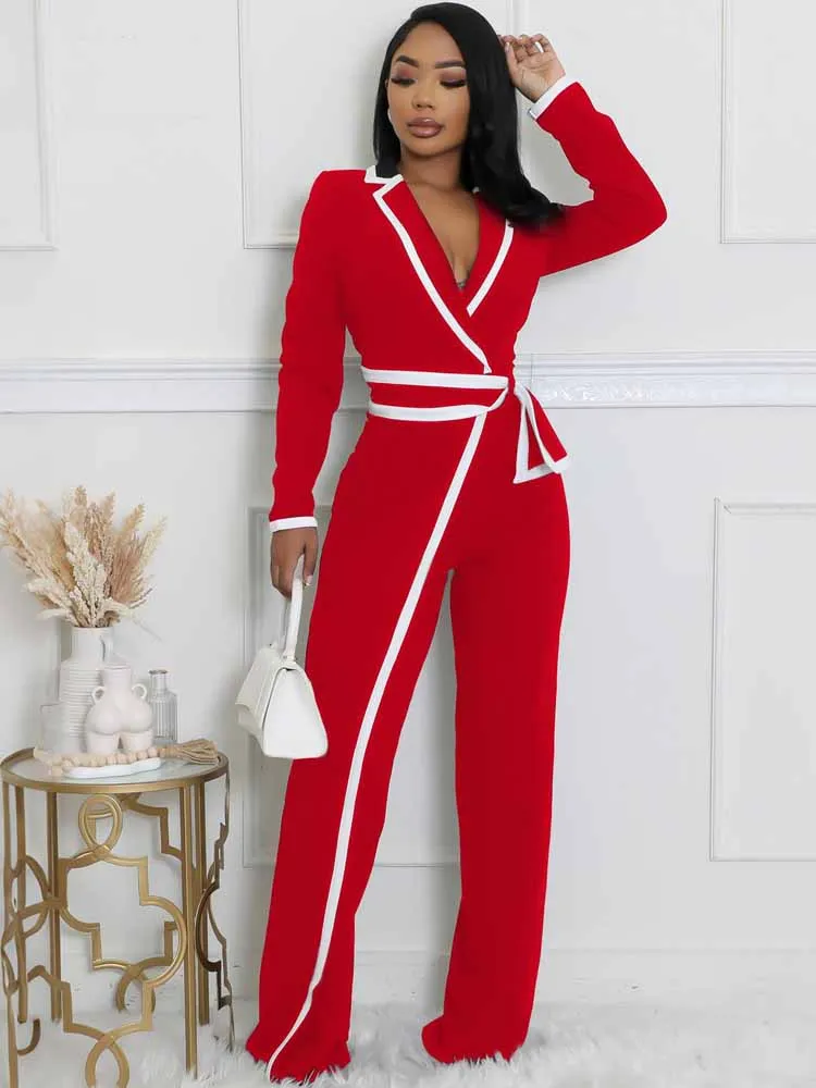 BKQU 여성용 V넥 벨트 점프수트, 대비 패치워크, 우아한 슬림 와이드 레그 점프수트, 오피스 레이디 원피스 의상, 패션 2025