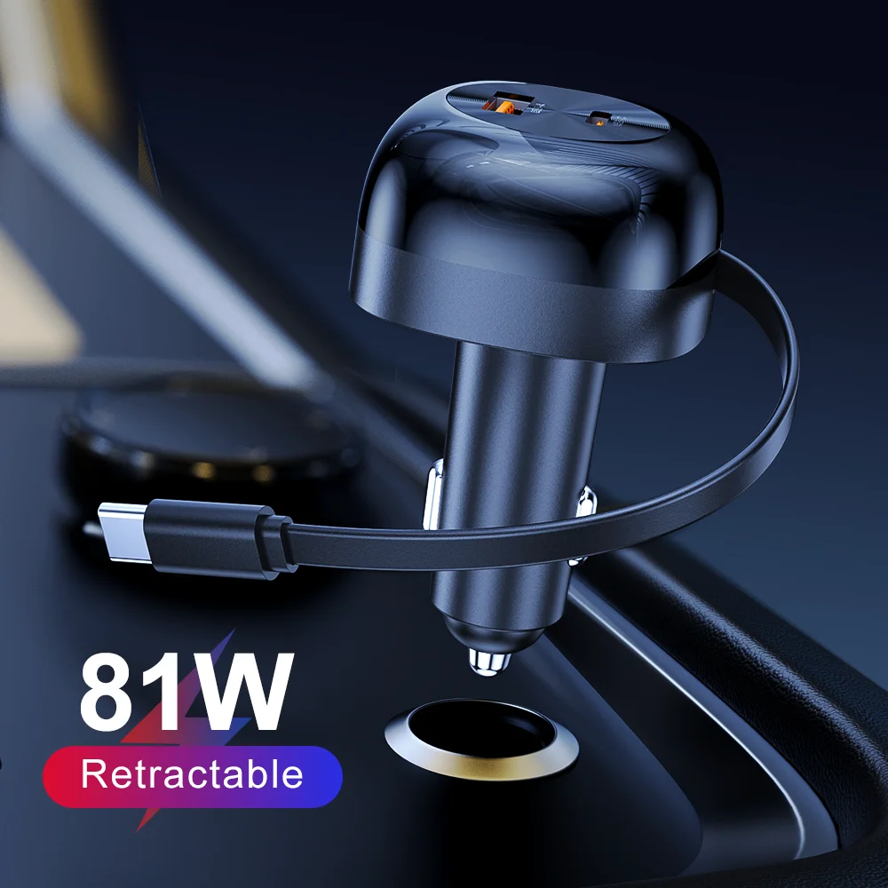 

New 3in1 retractable cable PD45W car charger for Samsung Super Fast Charge 2.0 Flash Charge with built-in cable car charger