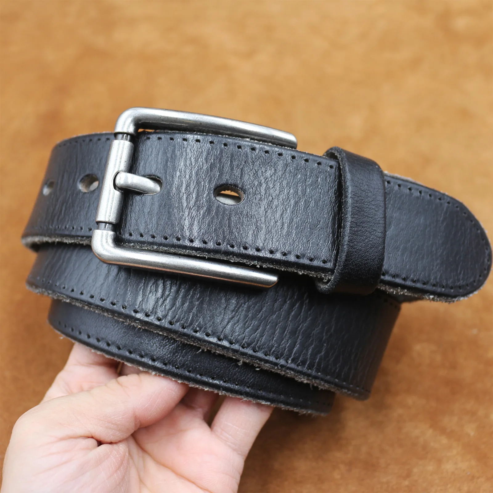3.8CM Men's Thickness Genuine Leather Needle Buckle Layer Cowhide Car Thread Belts Male Belt Retro Versatile Jeans Belt for Man