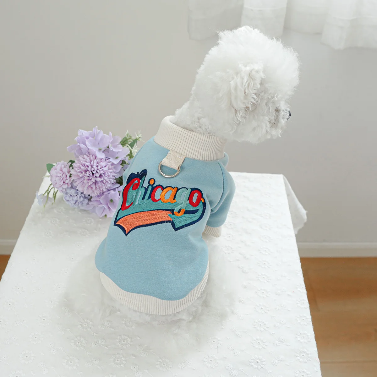 1PC Pet Clothing Spring and Autumn Plush Blue Pullover Colorful Chicago Hoodie Suitable for Small and Medium sized Dogs