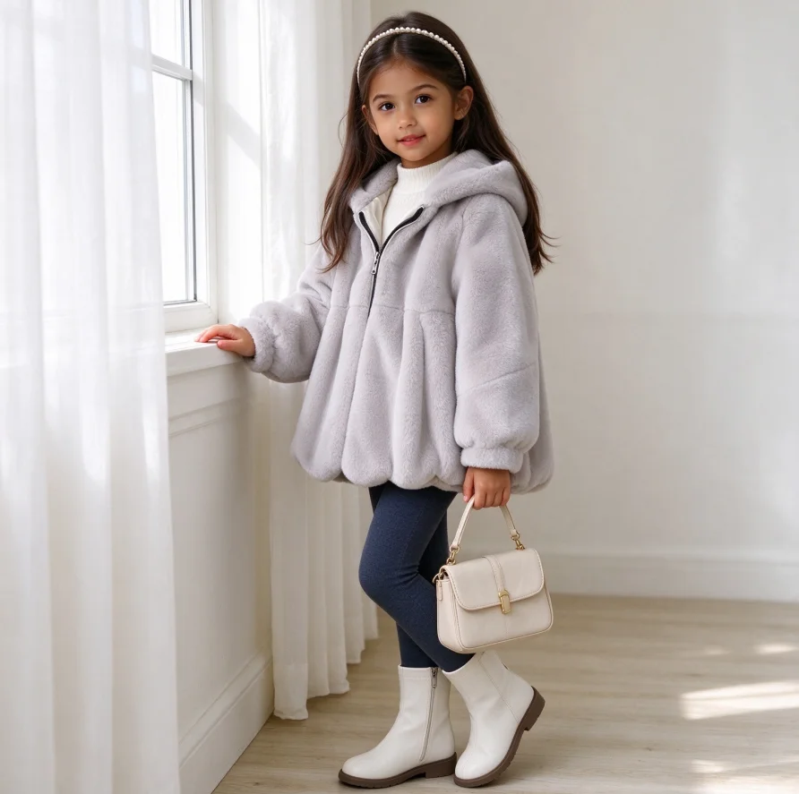 Children Faux Rabbit Fur Coats Solid Fur Jackets Hooded Zipper Long Sleeves 2026 Autumn Winter Flowy Hem Thick Loose Fit Casual 5