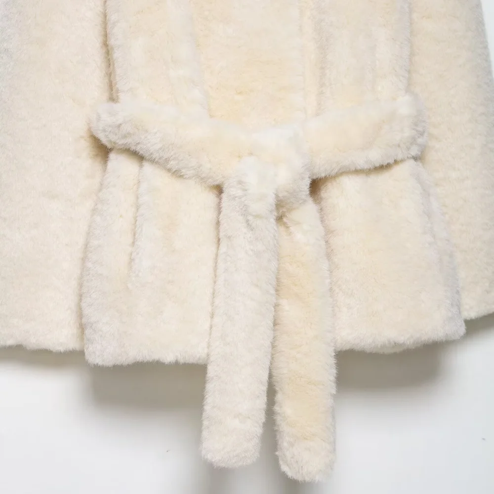 Jaqueta solta de pele feminina com lapela bolso de manga comprida e cinto outono e inverno nova jaqueta quente