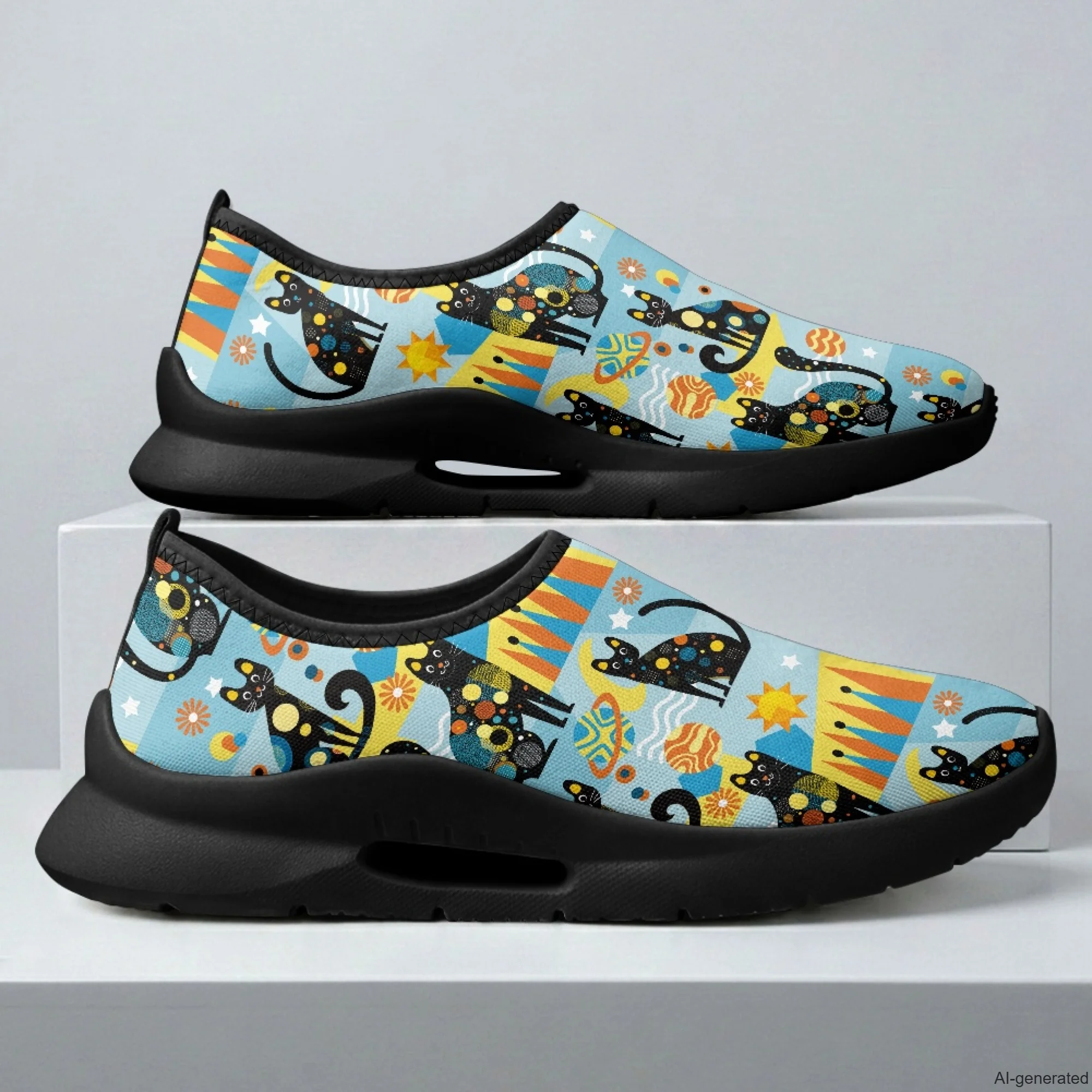 XIXIRIMIDO Mens Casual Shoes Slip On Walking Sneakers Women Gym Workout Shoes Black Cat Print Breathable Mesh Shoes 35-48