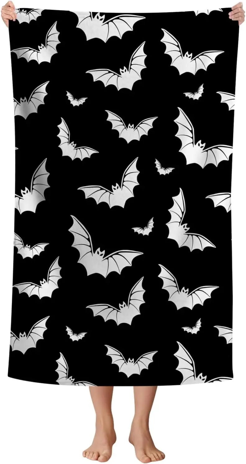 Goth Bat Beach Towel, Black and White Gothic Halloween Bats Design Quick-Dry Sandproof Bath Towel for Swim, Travel and Yoga