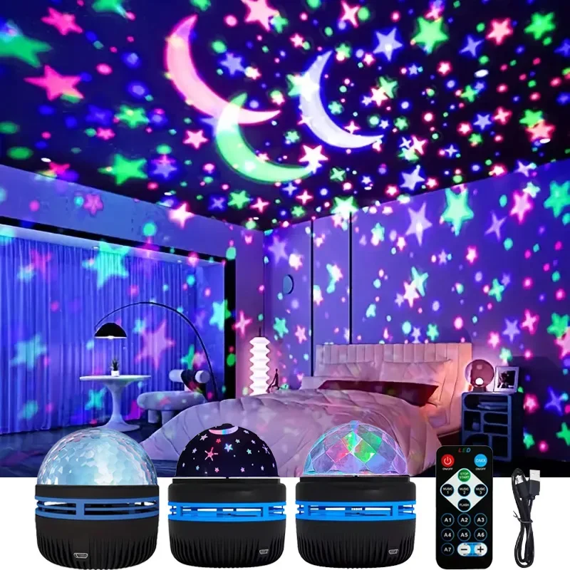 1/3 PIÈCES LED Veilleuse Étoilée Télécommande Rotative Étoile Lune Lampe De Projection USB Plug-in Boule Magique Scène Atmosphère Décor