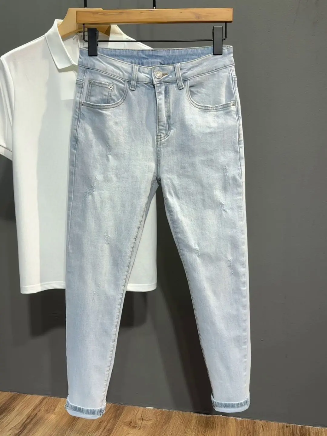 Summer Washed Light Blue Washed Jeans Men's Trendy Brand Cat Beard Versatile Handsome Small Feet Pants Boys Korean Trousers