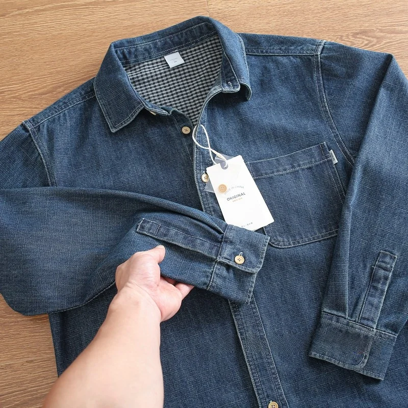 

Loose Fit Men's Denim irt Autumn Casual Long Sve Waed Cotton Lightweight Workwear Trendy Collared Outerwear