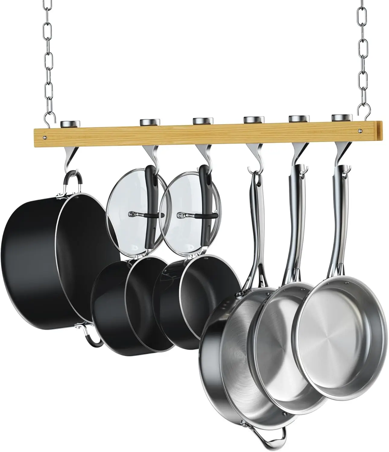 

36-Inch Ceiling Mounted Wooden Pot Rack with 6 Swivel Hooks, Brown