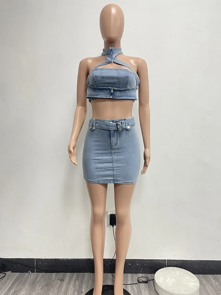 Two Piece Denim Set Women Y2k Halter Neck Strapless Vest Skirt Top Set Summer Sexy Denim Girl Outfit Wholesale Dropshipping