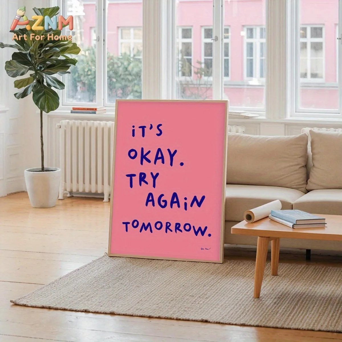AZNM Pink Background Motivational Text Canvas Print It's Okay Try Again Tomorrow Positive Quote Minimalist Bedroom Office Wall D
