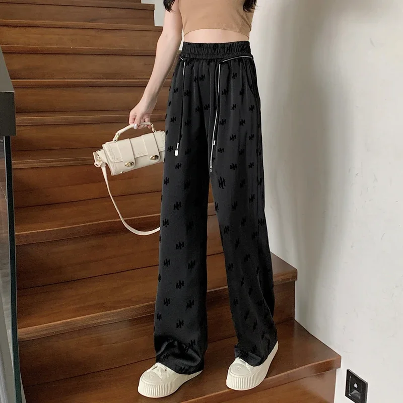 Silver Chain Rope M Letter Trendy Wide Leg Pants Women\'s New Flocking High Waist Drop Casual Straight Leg Pants