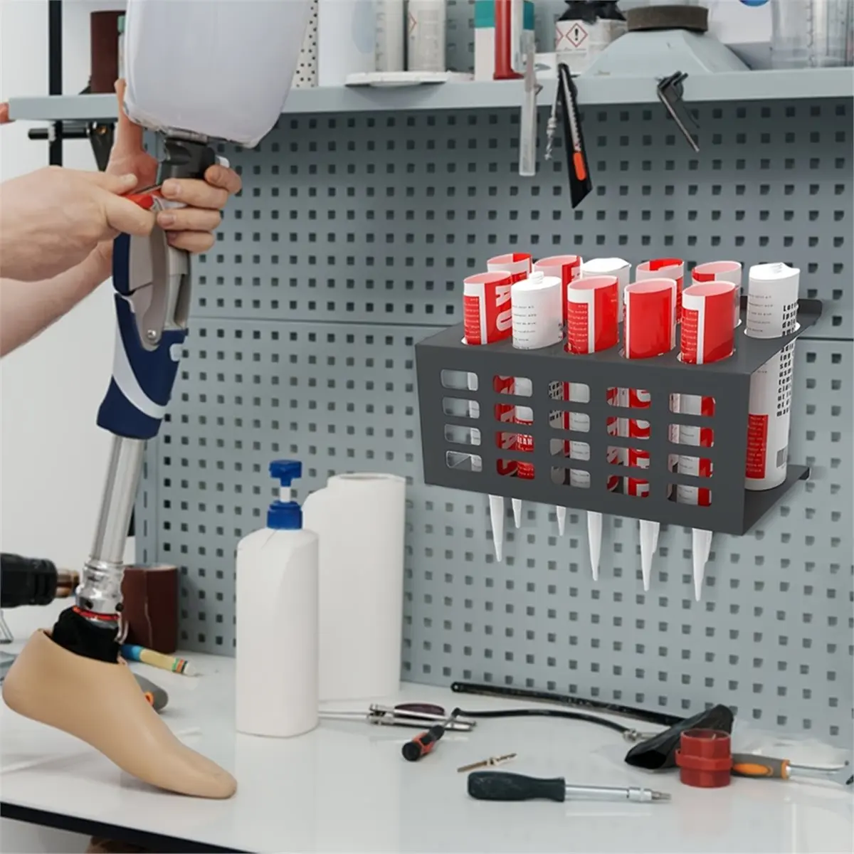 Stainless Steel Versatile Wall-Mounted Storage Rack - Sealant and Grease Organizer for Workshop, Garage, Van Shelving
