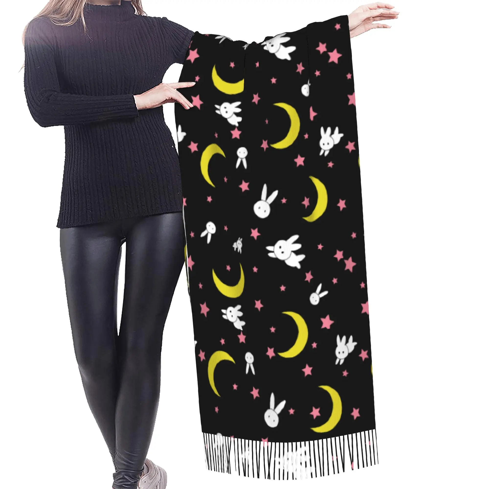 Custom Sailored Manga Anime Mooned Tassel Scarf Women Soft Usagi Tsukino Shawl Wrap Female Winter Fall Scarves