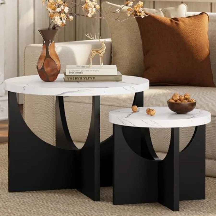 

Nesting Coffee Tables Set of 2 23.6" Small Round Side Tables for Living Room Wooden End Table Marble