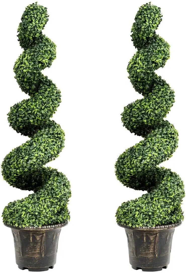 GOPLUS 4 Ft Artificial Boxwood Spiral Topiary Tree,Fake Greenery Plants,Leaves&Cement-filled Plastic Flower Pot Decorative Trees