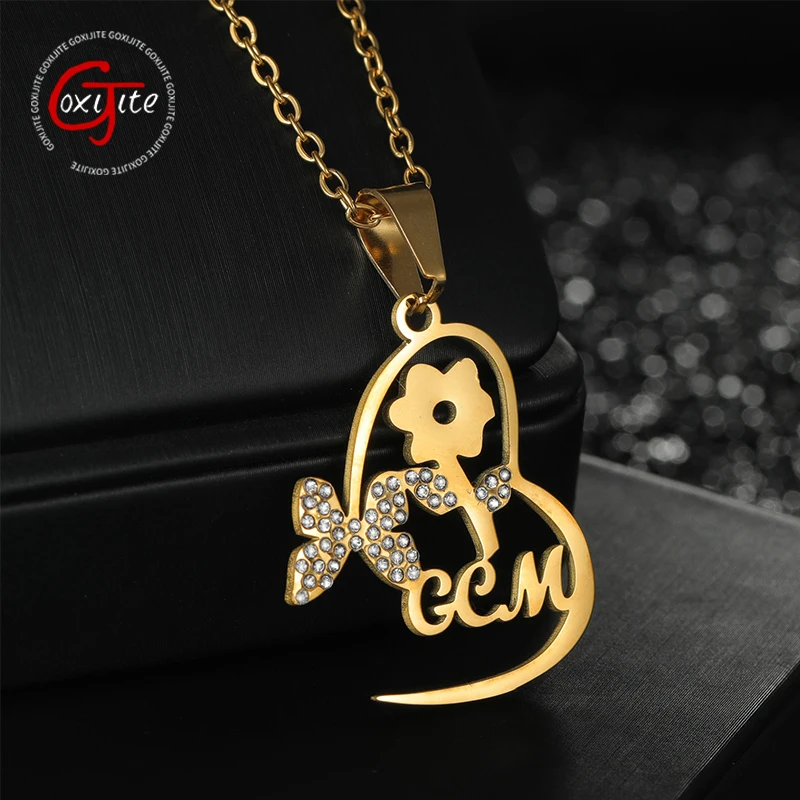 Goxijite Personalized Name Love Butterfly With Stone Shining Necklace Stainless Steel Custom Letter Flower Necklaces Women Gift
