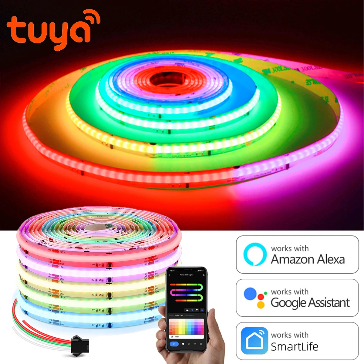 

12V Tuya WIFI RGBIC LED Strip Light Neon Light Holiday Party Home Decor 576LEDs/M WS2811 IC Flexible COB Tape for Alexa Google