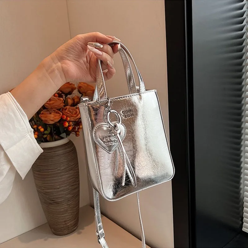 

New Trend Korean PU Leather Shoulder Bag Silver Mini Small Square Bag High Quality Purses Women Lady Crossbody Bags Handbag