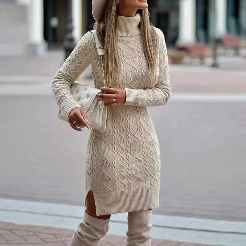 Women's Knitted Wrap Hip Skirt High Neck Warm and Thickened Elegant Knitted Sweater Long Sleeve Dress 2026 Autumn Winter New