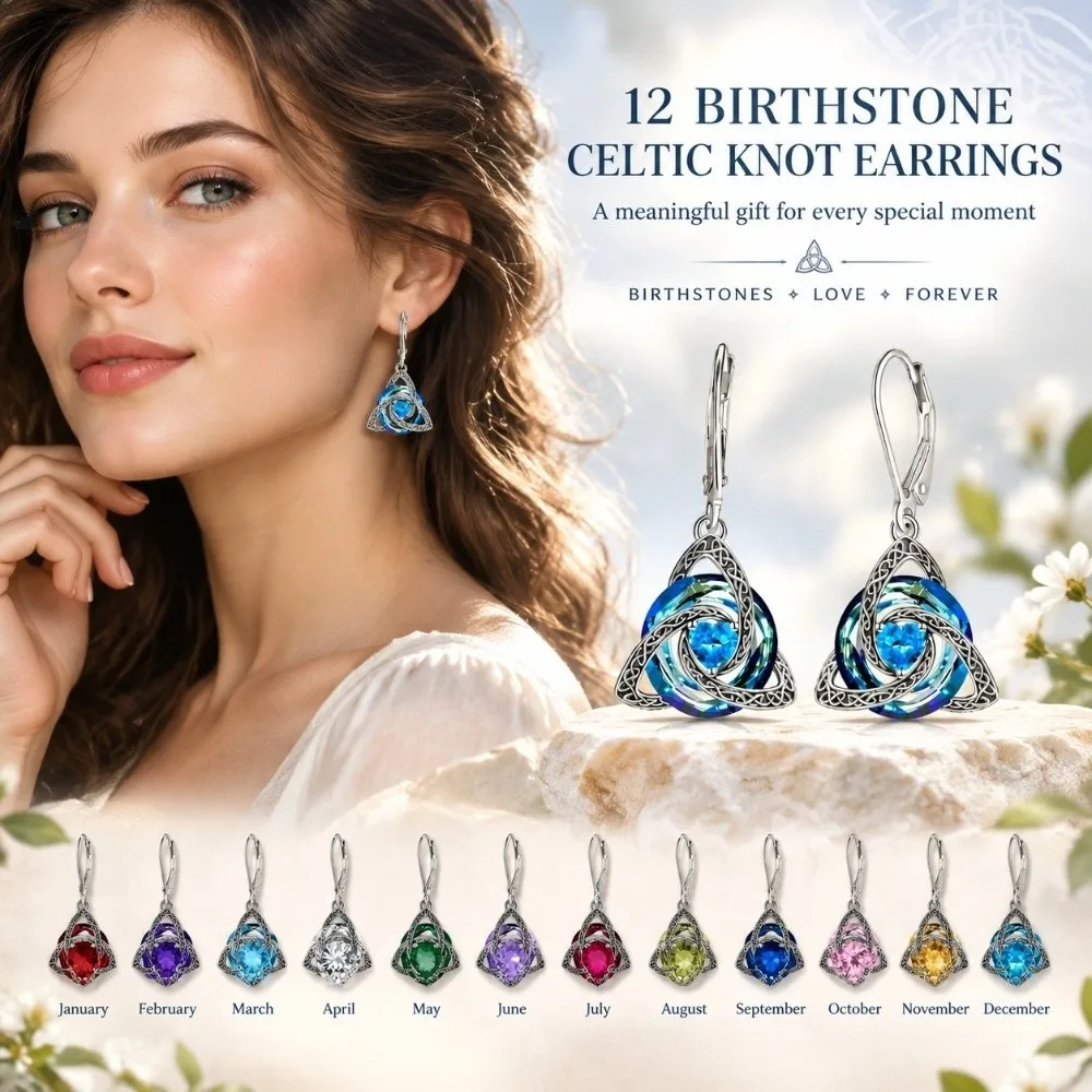 1 Pair Stainless Steel Celtic Knot Earrings 12 Birthstone Option Crystal Accent Pendant Earrings Skin Friendly Zircon Accent