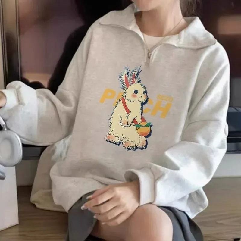 Chic Cartoon Rabbit Zipper Sweatshirts Women Fashion Simple Loose Leisure Soft Warm Tops Girls Young Sweet All-match Cool Ins BF