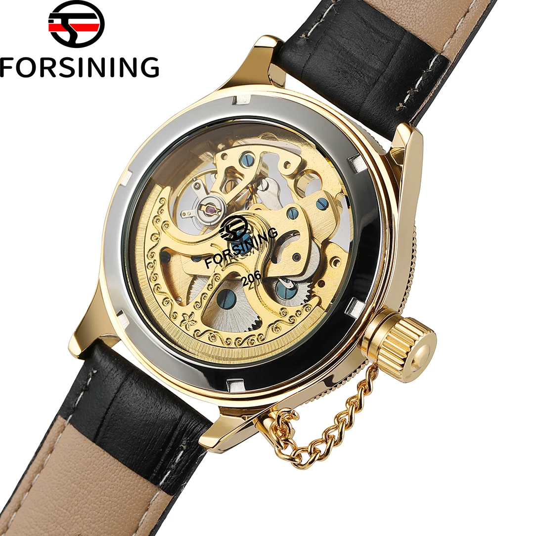 

FORSINING Chain Crown Дизайнерские роскошные мужские деловые часы Золотой стальной скелет Механические часы с автоматическим механизмом Водонепроницаемые мужские часы