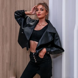 New Fashionable Lapel Black Short PU Leather Jacket Women's Coat Loose Long-sleeved Women's Leather Jacket Coat