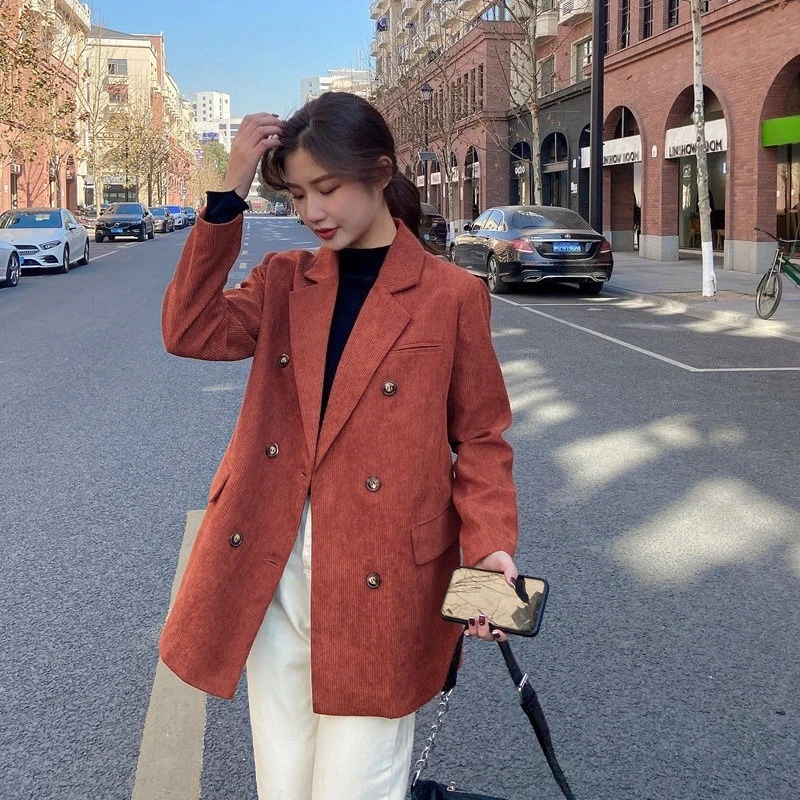 

New 2025 SA Women's Corduroy Double Breasted Blazer Korean Style Solid Color Vintage Casual Street Trendy Slimming Blazer Jacket