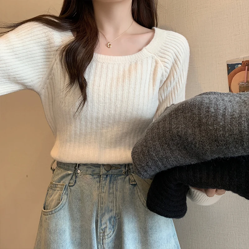 Herbst Winter Lose Frauen Pullover Casual Weiche Lange Puff Sleeve Pullover Jumper Strickwaren Grundlegende Pullover Für Frauen Tops – Detail 3