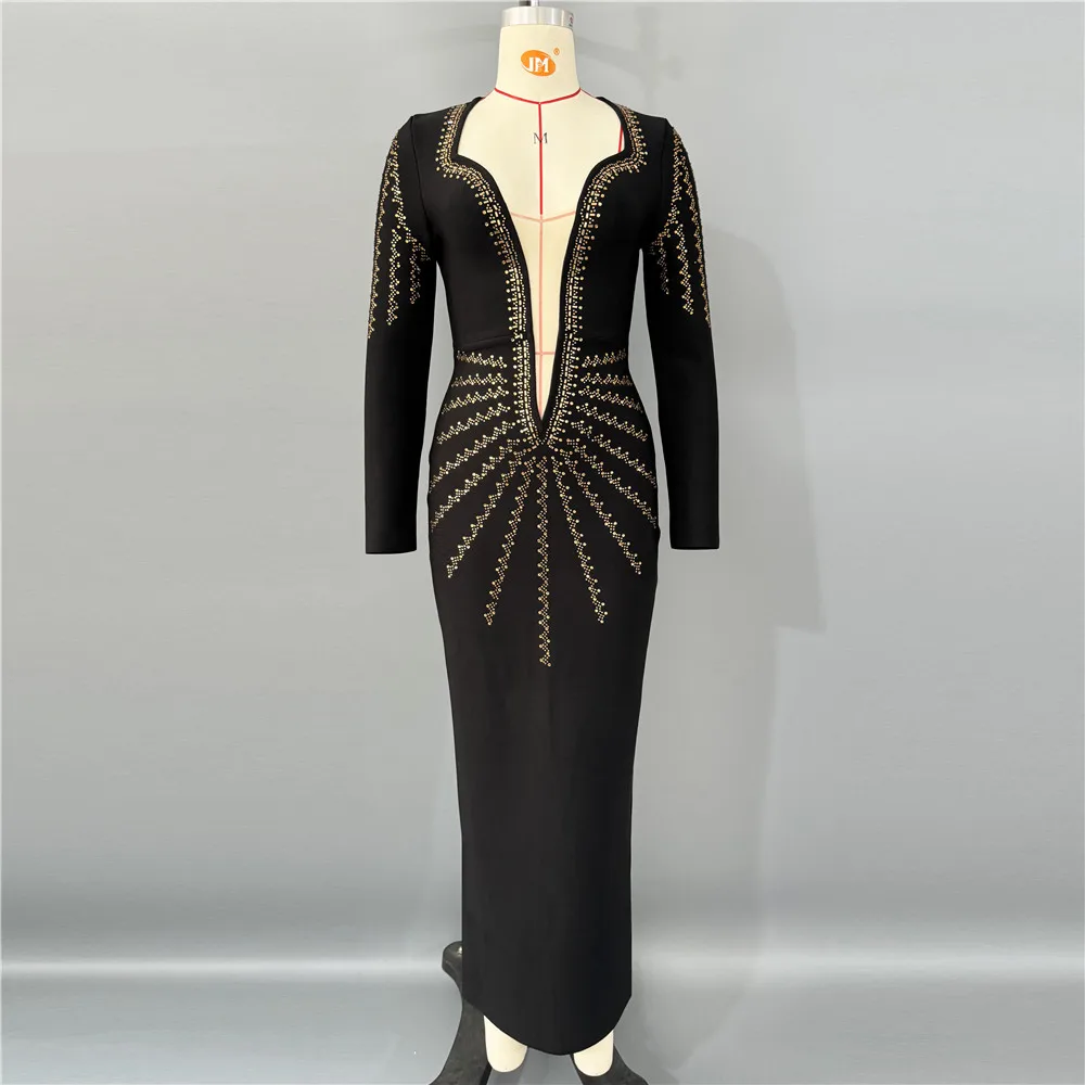 Women Elegant Beading Bandage Dress Sexy Mesh Patchwork Clothes Club Celebrity Party Long Dress