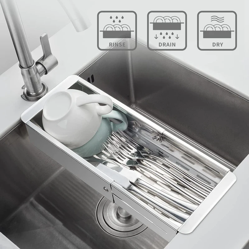 Over the Sink Colander Strainer Basket Stainless Steel- Wash Vegetables and Fruits, Drain Cooked Pasta - Extendable-A22U