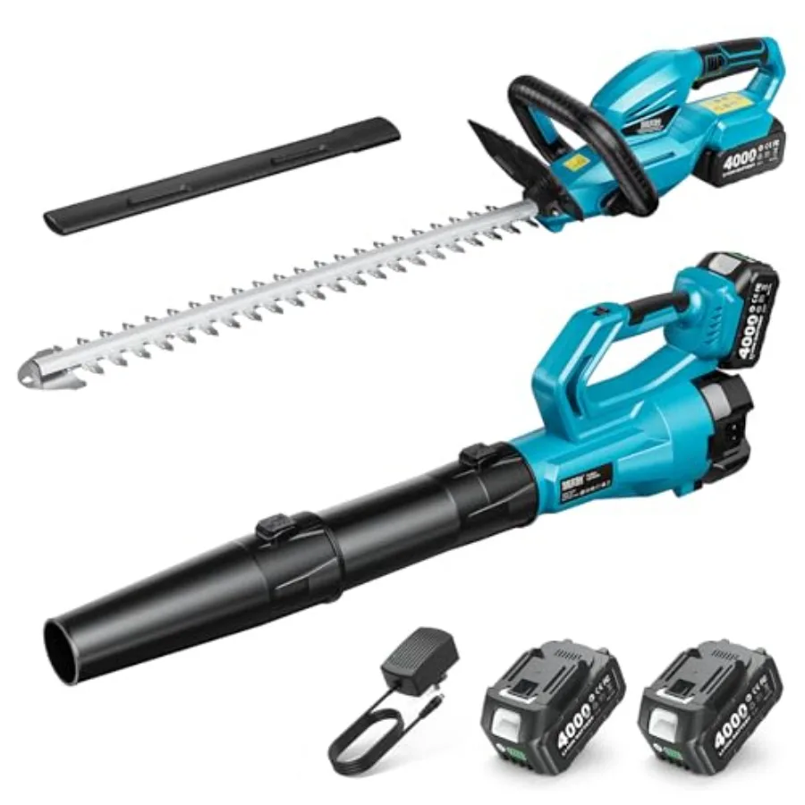

Cordless Hedge Trimmer and Leaf Blower Combo, 2 Pcs 4.0Ah Batteries, Electric Handheld Bush Trimmer with 20 Dual-Action Blade,