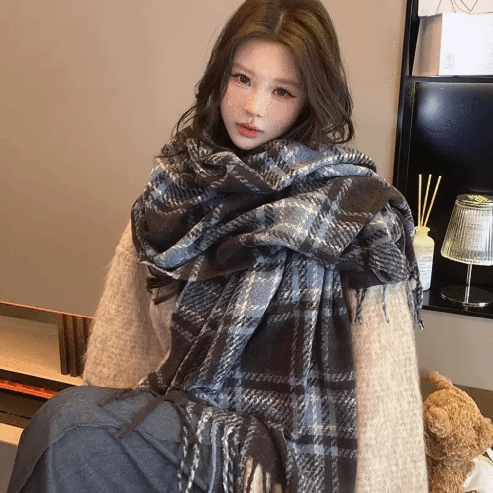 

Classic Pashmina Plaid Wool Scarf Tassel Winter Cashmere Scarves Thicken Warm Long Shawl Girl