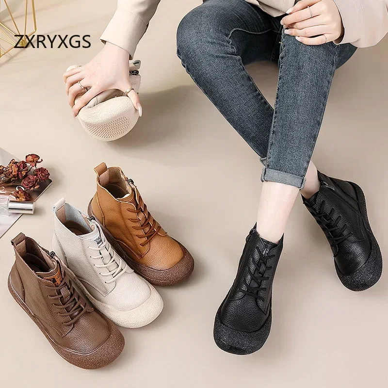 ZXRYXGS 2024 Autumn Cross Strap Side Zipper Genuine Leather Sneakers Boots Trend Shoes Woman Boots Flat Soft Sole Casual Boots