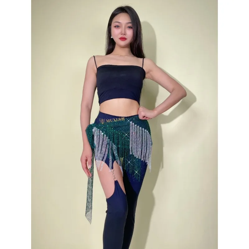 op maat gemaakte kleur geblokkeerde buikdans taille ketting mesh diamant heupsjaal Indiase kleding vrouwen buikdans riem