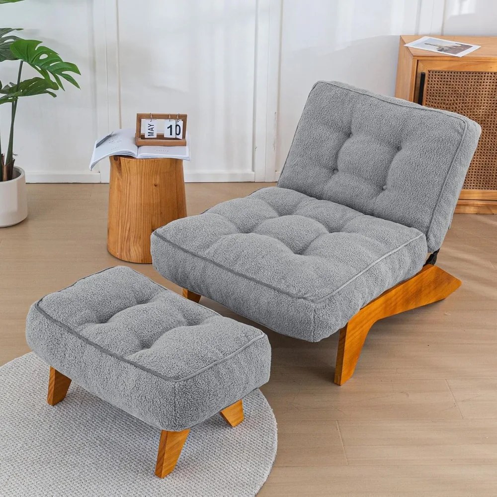 Adjustable Accent with Ottoman, Boucle Living Room Cozy Chair and Footrest Set Thick Cushion Seated Lounge Chair