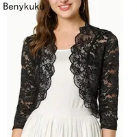 Chaqueta Bolero con encogimiento de hombros para mujer, ropa de verano 2021, cárdigan de encaje Floral, abrigo transparente festoneado, Tops cortos de manga 3/4