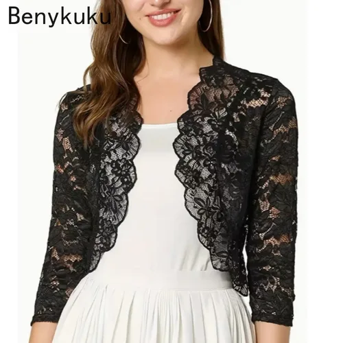 Chaqueta Bolero con encogimiento de hombros para mujer, ropa de verano 2021, cárdigan de encaje Floral, abrigo transparente festoneado, Tops cortos de manga 3/4