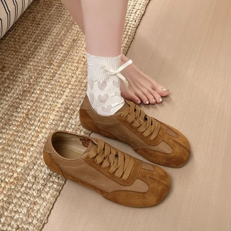 Women Vintage Color Patch Trainer Shoes Lace Up Flat Soft Leather Round Toe Casual Daily Walking Retro Sneakers Outdoor Comfort