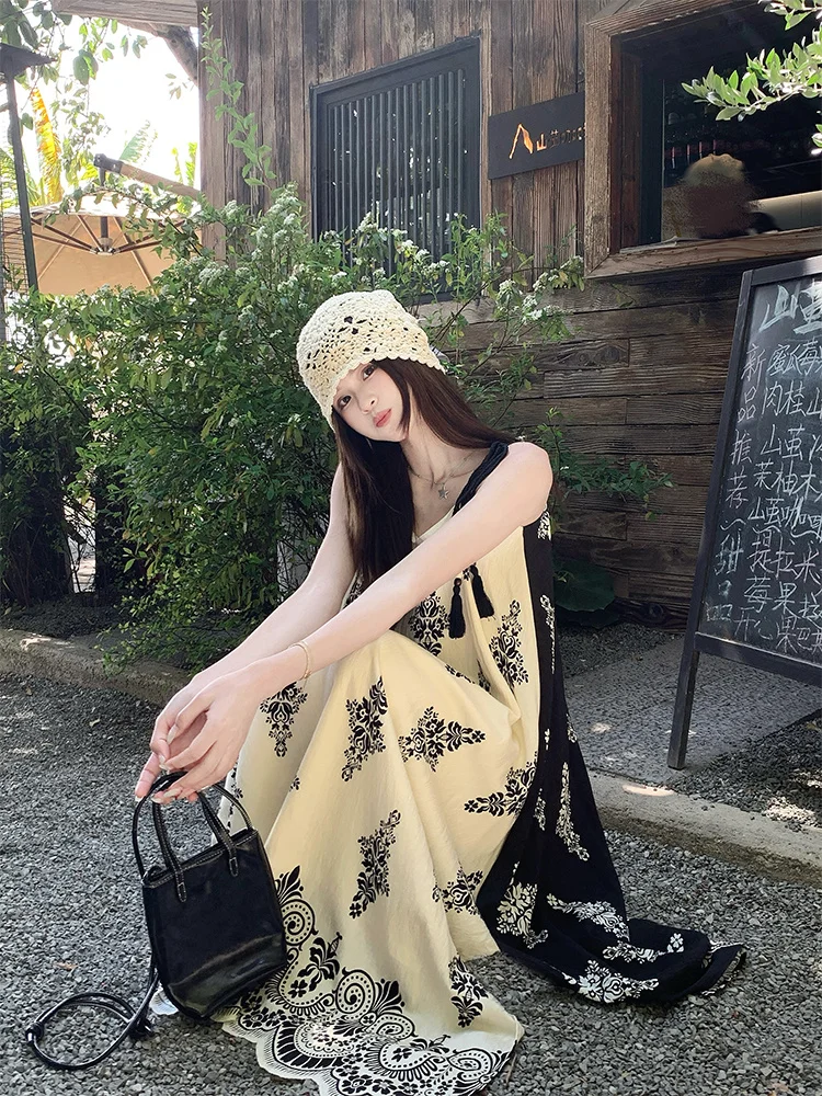 Vakantiestijl Geblokkeerde kleur bedrukte losse jurk 2025, zomer nieuwe dames casual lange onregelmatige jurken, Boho vakantie strandjurken