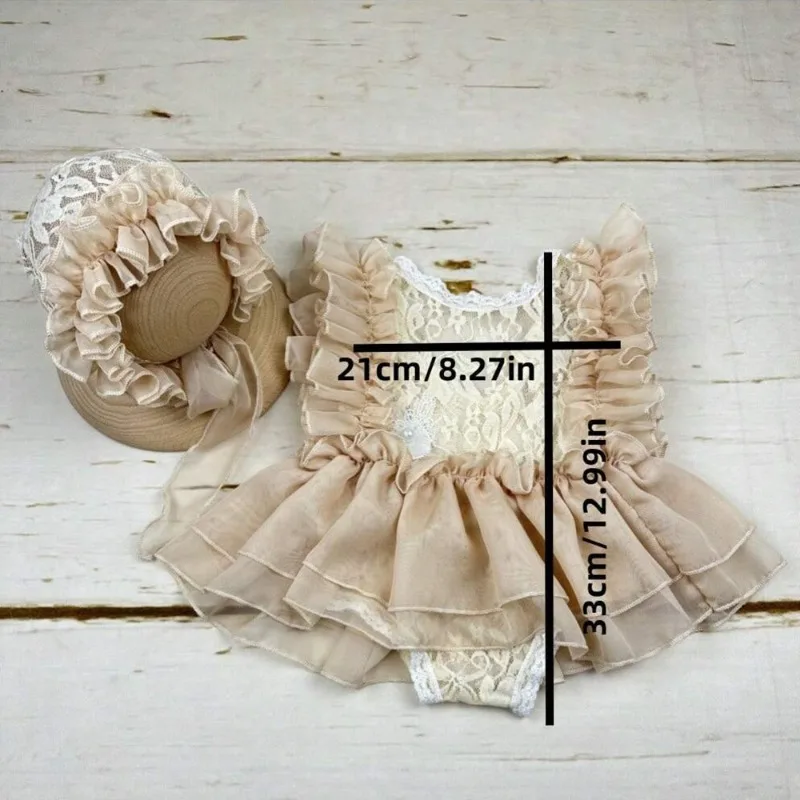 Newborn Photography Outfits Girl Lace Skirt with Hat Baby Photography Props Romper Baby Lolita Maid Tutu Skirt Lovely Bodysuit