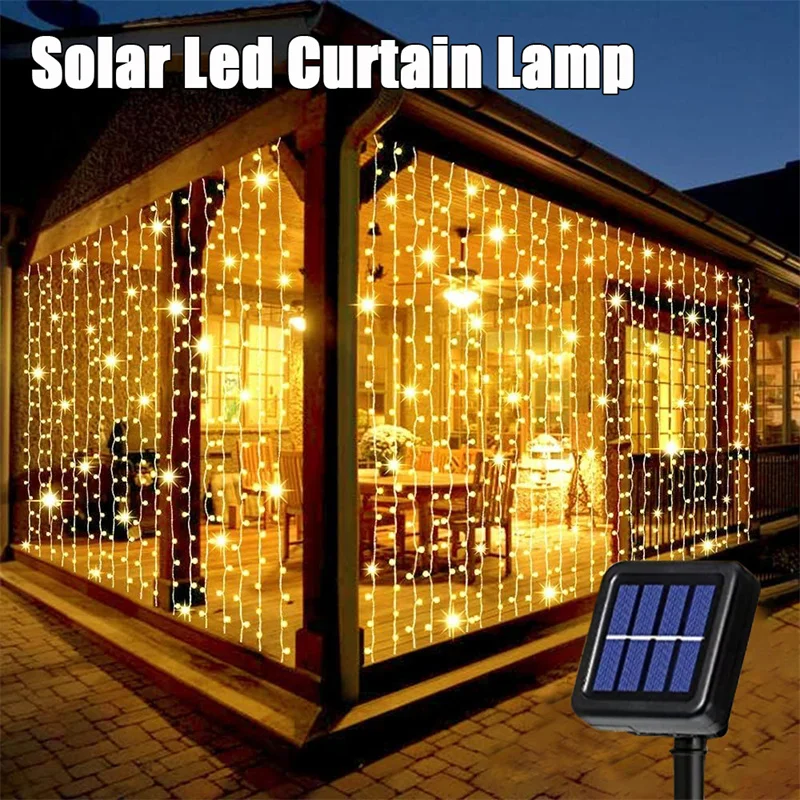 Solar Curtain Light LED Outdoor IP65 Waterproof Fairy String Lights Yard Christmas Wedding Home Bedroom Decoration Lighting