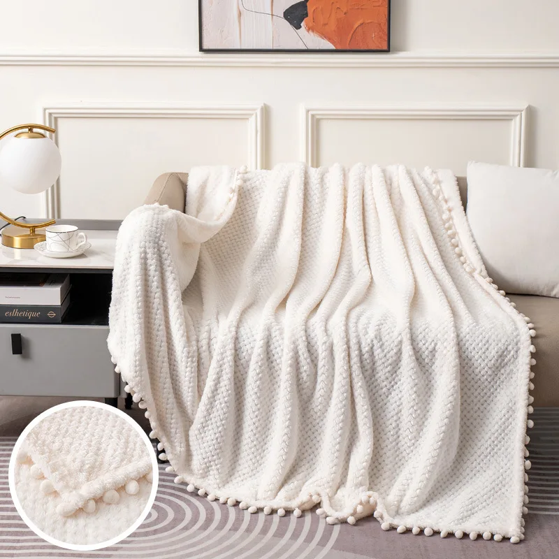 Pineapple Plaid Coral Fleece Blanket with Tassel Balls Thickened Office Sofa Cover for Nap Time Solid Soft Breathable Bedspread