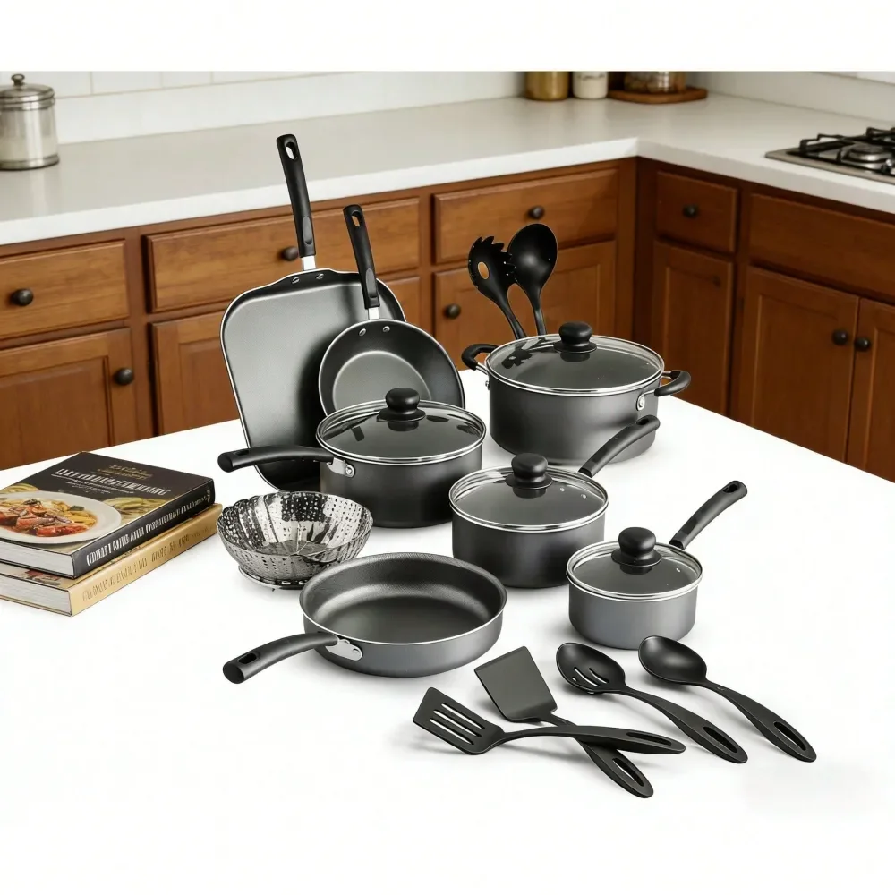 

18 Piece NonStick Cookware Set, Steel Gray
