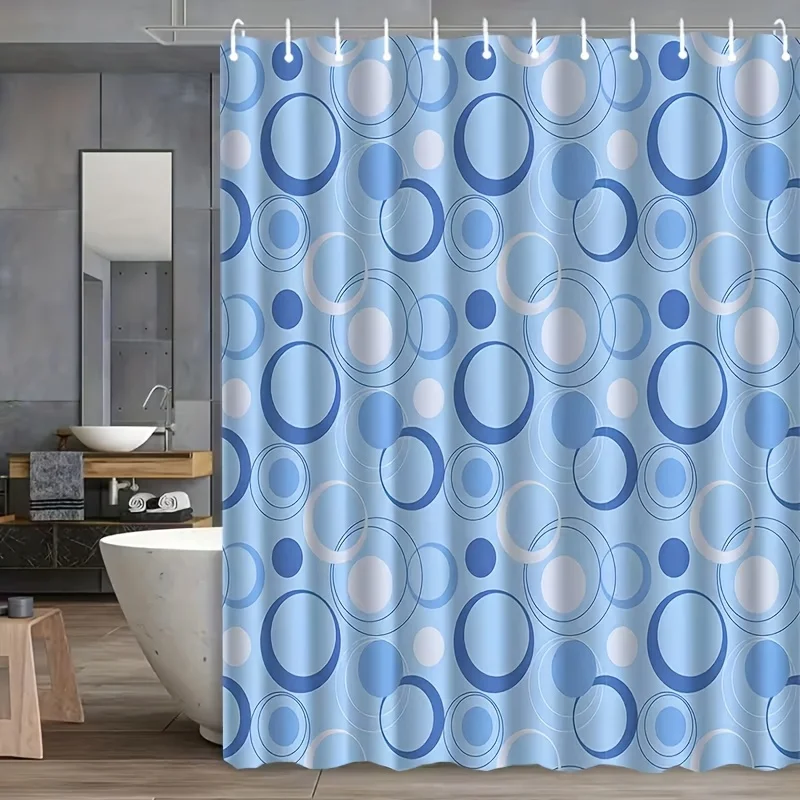 Modern Blue Circle Shower Curtain – Layered White & Navy Rings, 12 Hooks, Machine Washable, Wet/Dry Separation, Bathroom Decor