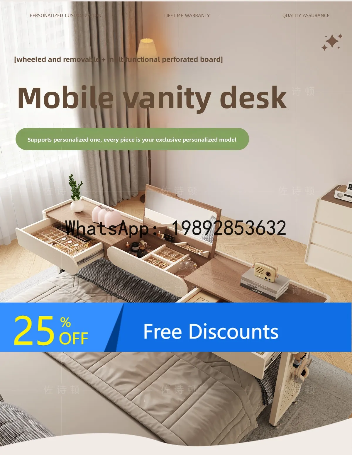 LYY Movable Bedside Table with Drawer Makeup Table Lazy Bed Computer Desk Home Solid Wood Long Table
