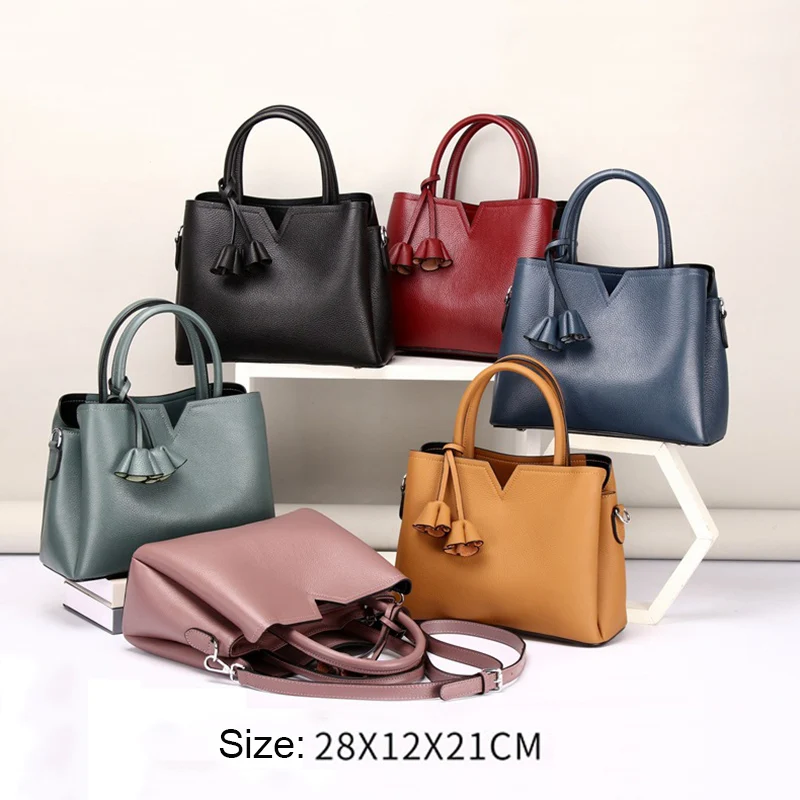 Women Elegant Handbag Female Genuine Leather Large Capacity Tote Bag Moms Solid Color Cowhide Shoulder Bag Cross-body Messenger