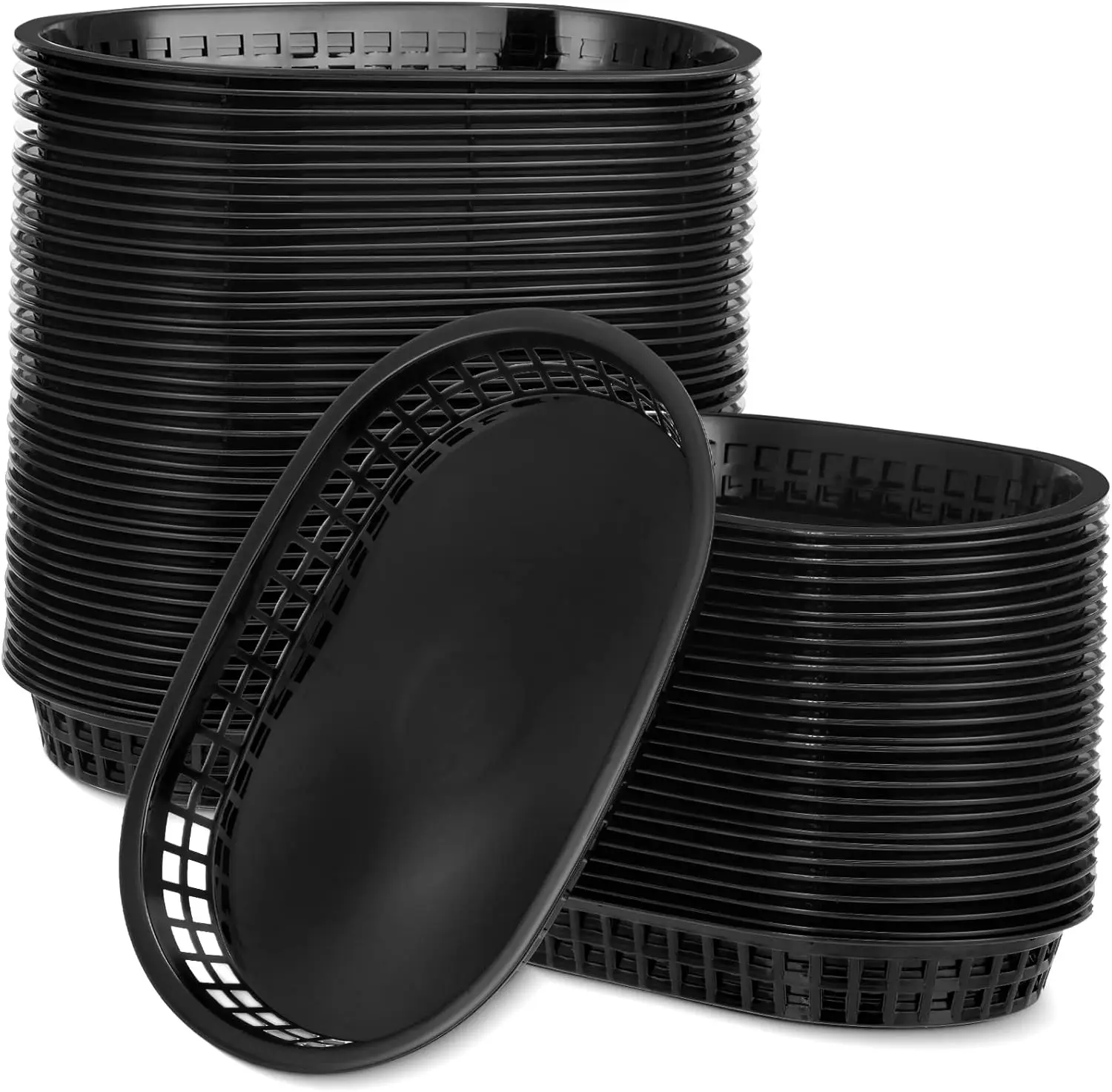 

100 Pcs Black Plastic Fast Food Baskets, 10.5x7 Inch Serving Trays for Burgers, Parties & Picnics